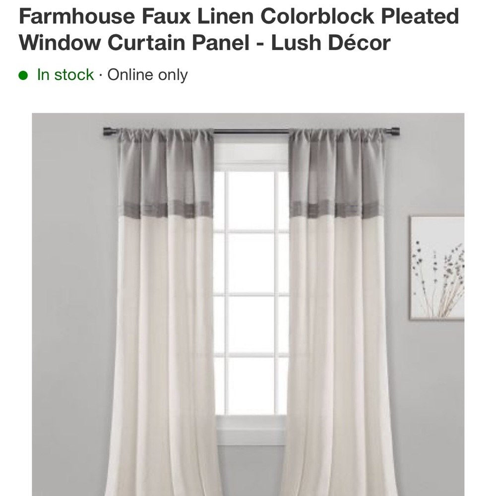 Farmhouse faux linen colorblock pleated window curtain panels - Picture 1 of 3
